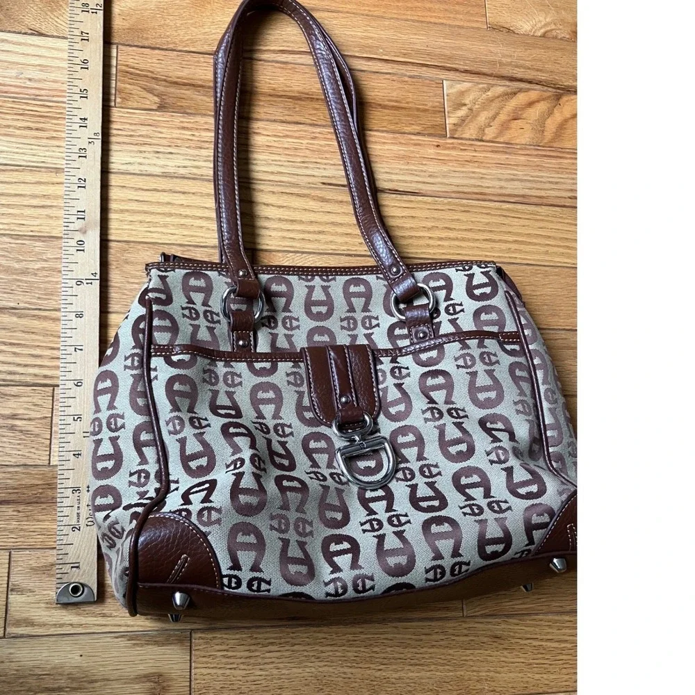 Etienne‎ Aigner Monogram Canvas Shoulder Bag Brown Leather Trim Equestrian